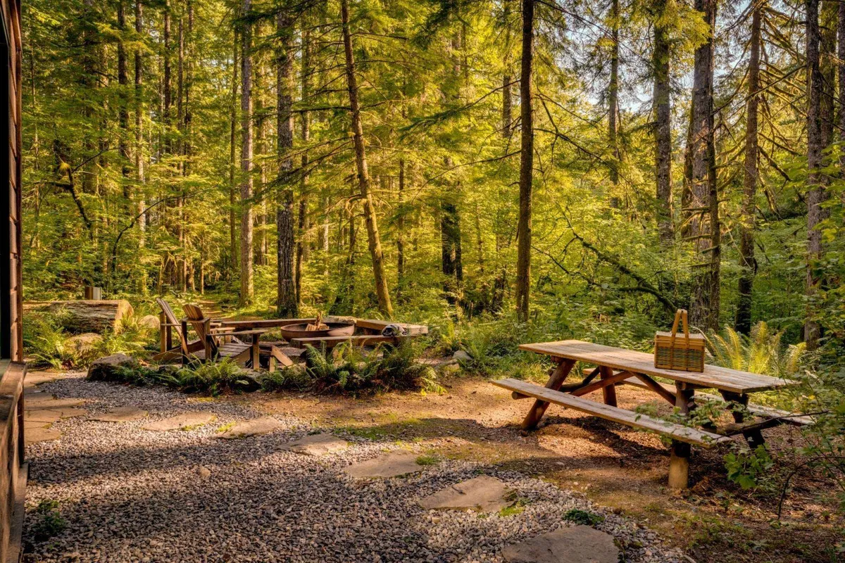 A peaceful outdoor scene with a wooden picnic table and fire pit set among tall trees and a gravel path, ideal for gathering, nature walks, and intimate evenings under the stars. The environment feels secluded and serene, surrounded by forest greenery.